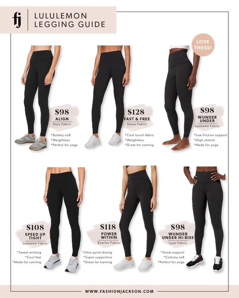 Fashion Jackson lululemon Fabric Guide Leggings, Best Lululemon Leggings, Styles For Women Over 60, Fabric Guide, Lulu Leggings, Fashion Jackson, Lululemon Leggings, Over 60, For Women