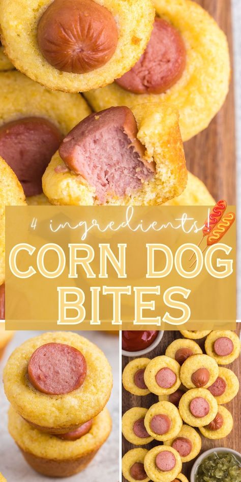 These Corn Dog Bites are a kid-favorite easy dinner idea or after school snack! A store-bought cornbread mix mini muffins are filled with a piece of hot dog and then baked to golden brown perfection in the oven. Serve with your favorite dips like ketchup, mustard, honey mustard, or dill pickle relish. Mini Corn Dog Bites, Mini Muffin Corn Dogs, Hot Dog Cornbread Muffins, Cornbread Muffins With Hotdogs, Pillsbury Corn Dog Wraps, Corn Muffin Hot Dog Jiffy Cornbread, Corn Dog Muffins Jiffy, Hot Dog Bites Appetizers, Corn Dog Mini Muffins