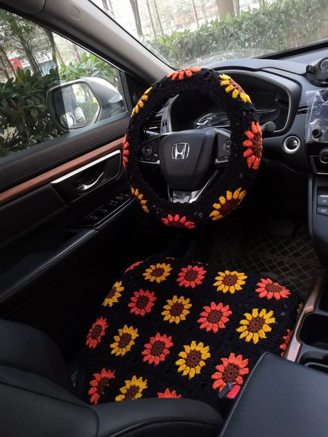 A, 1 Seat Cover B, 2 Seat Cover C, 1 Steering Wheel Cover+ 2 Belt Cover D, 1 Seat Cover+1 Steering Wheel Cover+ 2 Belt Cover E, 2 Seat Cover+1 Steering Wheel Cover+ 2 Belt Cover F , 1 Seat Cover+1 headrest cover+1 Steering Wheel Cover+ 2 Belt Cover G, 2 Seat Cover+1 headrest cover+1 Steering Wheel Cover+ 2 Belt Cover H, 2 Seat Cover+2 headrest cover+1 Steering Wheel Cover+ 2 Belt Cover The cover fit all types of steering wheels and it is slip resistant Because it is elasticity,also have needle a Knitted Car Seat Cover, Crochet Seat Cover Pattern Free, Crochet Seat Covers For Car, Crochet Car Seat Cover Pattern, Seat Covers Crochet, Crochet Seat Cover, Cute Seat Covers, Hippie Car Decor, Crochet Car Decor