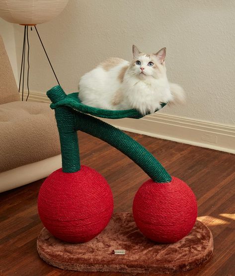 Cool Cat Scratching Post, Fruit Cat Tree, Kitten Apartment Ideas, Homemade Cat Scratching Post, Cat Scratching Post Aesthetic, Cute Cat Scratcher, Cute Cat Scratching Post, Cute Cat Products, Aesthetic Cat Supplies