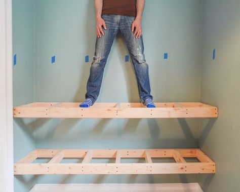 Heavy Duty Closet Shelves, Heavy Duty Wood Shelves, Heavy Duty Wall Shelves, Floating Shelves Garage, Floating Butcher Block Shelves, Strong Shelves Diy, Diy Bookshelf Floating, Diy Wall To Wall Shelves, Heavy Duty Pantry Shelves