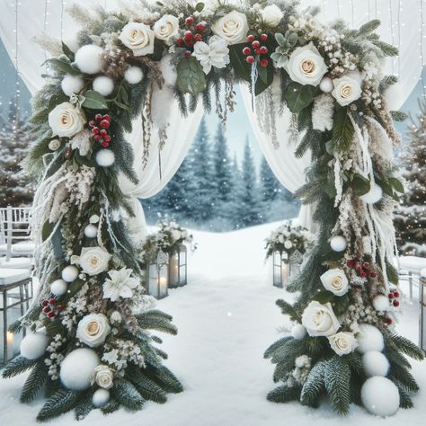 Flowers for a Wedding Arch Creating a Stunning and Memorable Backdrop (10) Pine Arch Wedding, December Wedding Backdrop, Christmas Wedding Ceremony Backdrop, Winter Arch Wedding, Winter Floral Arch, Winter Wedding Arch Ideas, Christmas Wedding Arch, Winter Wedding Arch, Tom Cake