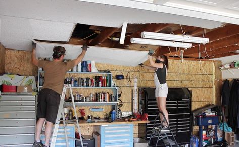 A tutorial on how I removed old drywall from the garage ceiling and replaced it with OSB to increase usable garage storage space. Garage DIY for under $230! Garage Ceiling Covering Ideas, Cheap Garage Ceiling Ideas Diy, Black Ceiling Garage, Garage Ceiling Design, Garage Ceiling Insulation, Garage Ceiling Ideas, Garage Drywall, Diy Drywall, Unique Garage Doors