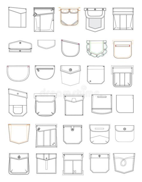 Pockets for clothes stock vector. Illustration of design - 11009001 Types Of Pockets Sketches, Pocket Design Fashion, Fashion Sketch Template, Clothing Templates, Shirt Sketch, Clothes Illustration, Flat Drawings, Fashion Design Template, Diy Clothes Design