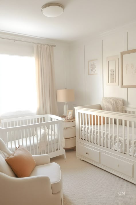 Cozy neutral nursery with mixed wood furniture, cribs, a nursing chair, and elegant beige accents. Perfect Baby Room inspiration for a soothing space. Soft Bedroom Colors, Small Room Nursery Ideas, Beige Nursery Ideas, Beige Baby Room, Apartment Nursery Ideas, Small Baby Room Ideas, Baby Room Ideas Neutral, Baby Room Interior Design, Baby Neutral Nursery