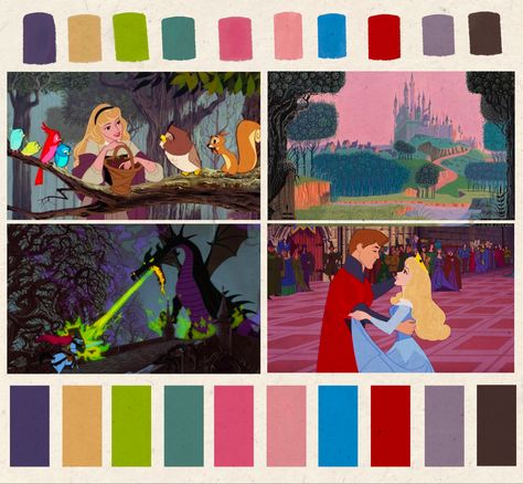 Story Book Color Palette, Animation Colour Palette, Snow White Color Palette, Illustration Color Palette Inspiration, Sleeping Beauty Color Palette, Disney Colour Palette, Cinderella Color Palette, Sailor Moon Color Palette, Animation Color Palette