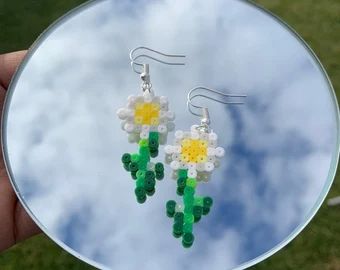 Perler bead earrings | Etsy Rose Perler Beads, Perler Bead Flower, Minecraft Flowers, Perler Bead Earrings, Perler Earrings, Minecraft Diy, Ironing Beads, Perler Beads Ideas, Melt Beads Patterns