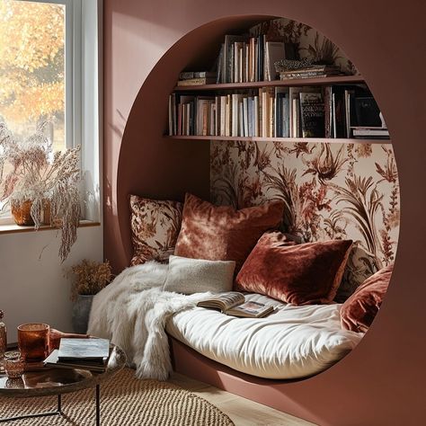 Discover the art of cozy design with this stunning trio of reading nooks, each offering a unique blend of warmth, comfort, and creativity. From the nature-inspired circular alcove surrounded by lush murals, to the rustic orange-hued retreat bathed in soft, ambient lighting, and finally the earthy, curved haven adorned with botanical patterns — these spaces invite relaxation and inspire imagination. Whether you’re looking to escape with a book or create your own dream-like interiors, these spa... Small Space Built Ins, Tiny Reading Nook, Reading Nook In Bedroom, Bedroom Corners, Corner Decor, Cozy Design, Reading Nooks, Built In Seating, Accent Wall Bedroom