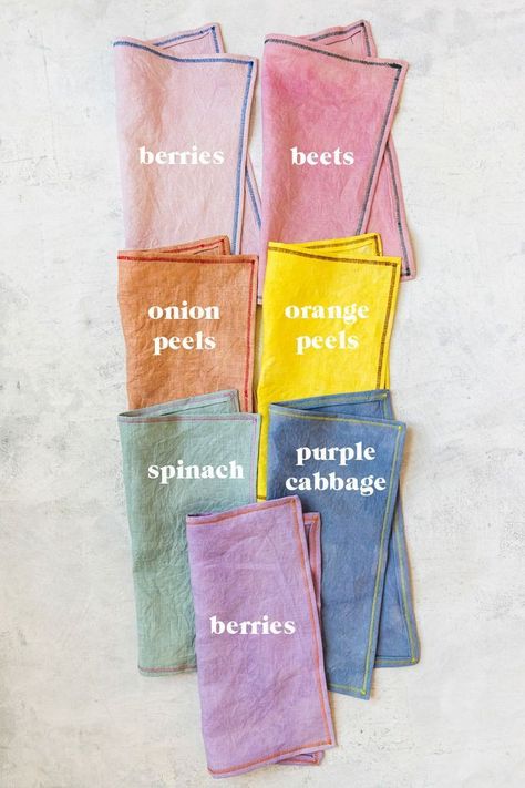 Dye in every shade of the rainbow using natural ingredients and DIY napkin - The House That Lars Bui Dye With Vegetables, Dyeing Cotton Fabric, Natural Hand Dyed Fabric, Hand Dyed Napkins, Vegetable Dyes For Fabric, Plant Dyes Diy, How To Dye Linen Fabrics, Natural Dyes For Linen, Textile Dyeing Techniques