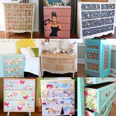 Modge Podge Dresser, Diy Modge Podge Projects, Diy Dresser Makeover With Wallpaper, Mod Podge Decoupage, Mod Podge Wallpaper, Repainting Dresser Ideas, Decoupage Dresser Ideas, Mod Podge Dresser, Diy Decoupage Furniture Ideas