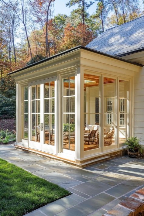 Sunroom Attached To Garage, Sunroom On Ranch House, Cottage Sunroom Exterior, 4 Season Room Exterior, Flat Roof Sunroom, Shiplap Sunroom Ideas, Glass Enclosed Porch, Deck Turned Into Sunroom, Adding Addition To Back Of House