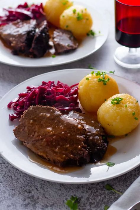 Authentic German Sauerbraten Recipe, German Sauerbraten Recipe, Slow Roast Beef, Sauerbraten Recipe, Oktoberfest Recipes, Potato Dumpling Recipe, German Meat, German Food Authentic, Cabbage And Potatoes