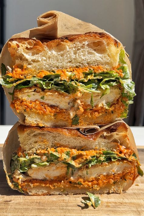 Crunchy Chicken Romesco Sandwich Spanish Sandwiches Recipes, Healthy Steak Sandwich, French Onion Chicken Sandwich, Challah Bread Sandwich, Best Bread For Sandwiches, New Sandwich Ideas, Fried Chicken Cutlet Sandwich, Authentic Italian Sandwich, Sides For A Sandwich