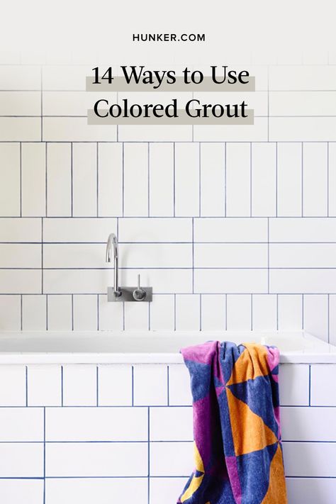 Purple Grout Bathroom, Bright Tiled Bathroom, Colored Grout Backsplash, Bathroom Coloured Grout, Colourful Grout Bathroom, White Tile Colored Grout Bathroom, Green Tile Pink Grout, Colorful Grout Bathroom, Colour Grout Bathroom