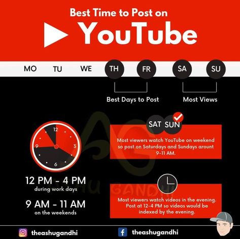 Best Time to Post on YOUTUBELike FB and InstagramYoutube also tends to boost up videos at particular timingsDuring weekdays12:00 PM4:00 PM has proven to be the best timingswhereas during weekends 9:00 AM11:00 AM are considered to be the best timings theashugandhi Times To Post On Youtube, Youtube Video Upload Time, Best Time To Upload Video On Youtube, Best Days To Post On Youtube, Youtube Posting Times, Best Time To Upload On Youtube, Best Time To Post On Youtube, Best Times To Post On Youtube, Fashion Podcast