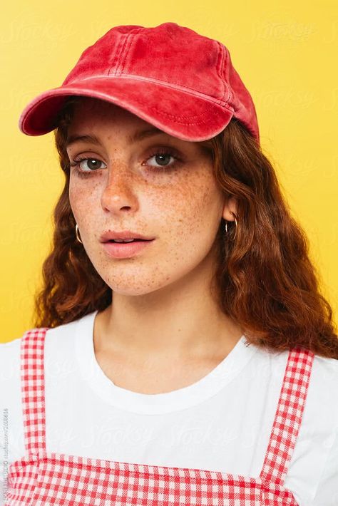 Ginger young woman portrait wearing red cap in front a yellow wall. Colorful Portrait Photography Faces, Gen Z Portrait, Vibrant Portrait Photography, Orange Photography Portrait, Color Gel Portrait Photography, Ginger Teen, Colorful Headshots, Headshots Women, Caricature Artist