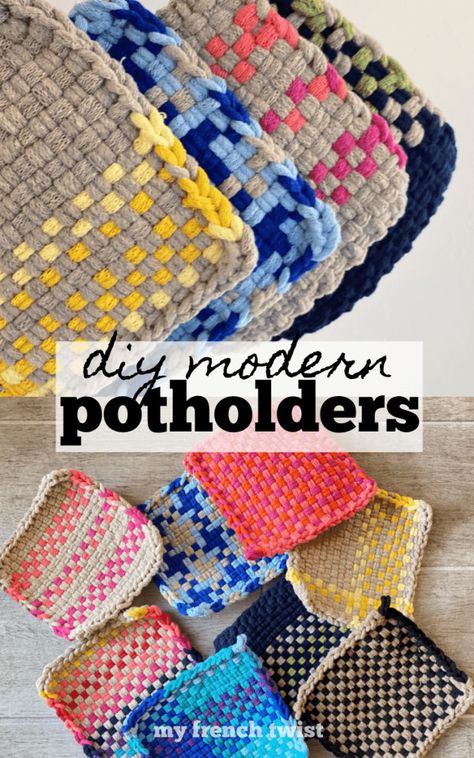 modern diy potholders - My French Twist Potholder Crafts Projects, Upcycling, Weaving Pot Holders, Craft Loops Projects, Loop Loom Patterns Pot Holders, Woven Potholder Patterns, Weave Potholders, Potholders Diy, Pot Holders Diy