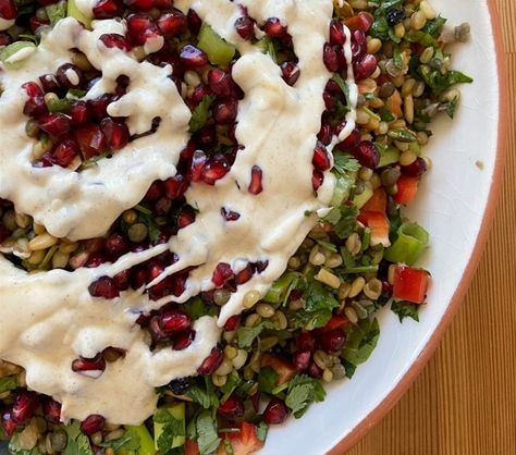 Festive Mediterranean grain salad with Greek yoghurt drizzle Ancient Grains Salad, French Green Lentils, Yoghurt Dressing, Cracked Wheat, Grain Salad, Green Lentils, Toasted Pine Nuts, Pomegranate Seeds, Plant Food