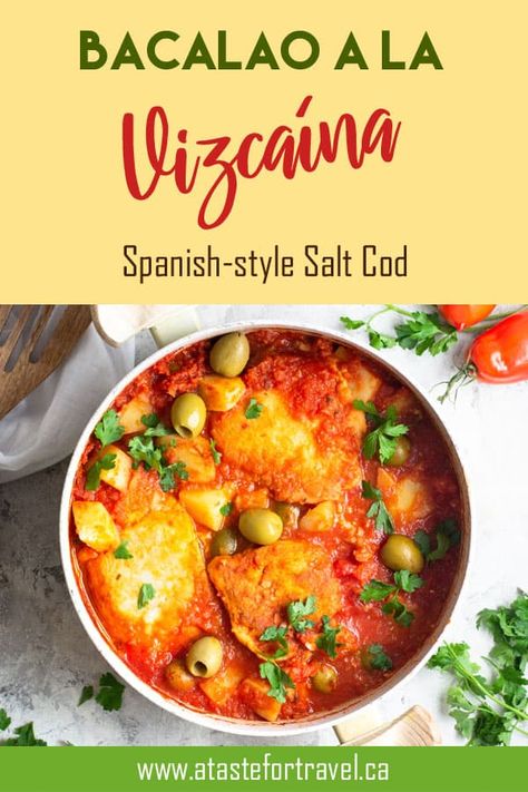 This recipe makes a delicious salt cod dish from the Basque Region of Spain. Bacalao a la Vizcaina is also a popular holiday dish enjoyed in Guatemala, El Salvador, Mexico and Spain during Semana Santa, Christmas and New Year's #Navidad #fish #Easter #Mexico #guatemala Salvadorian Recipes, Bacalao Recipe, Cod Stew, America Recipes, Basque Region, Cod Dishes, Spanish Recipes, Spain Food, Spanish Cuisine