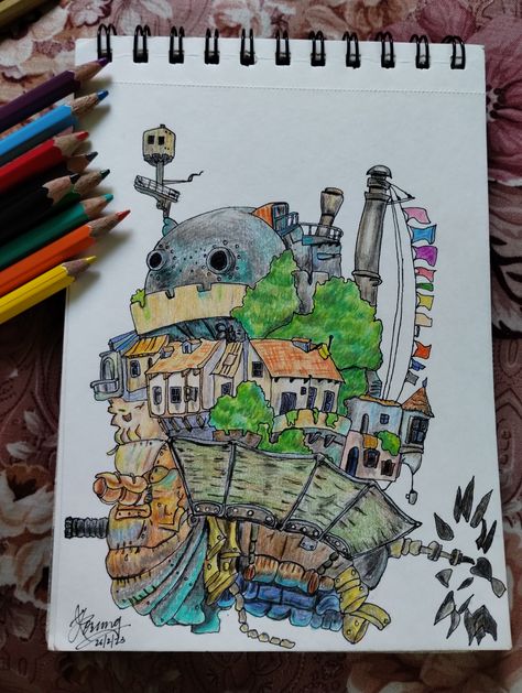 Castle Art Projects, Castle Sketch, Howls Moving Castle Art, Castle Drawing, Studio Ghibli Background, Color Pencil Sketch, Castle Painting, Pen Art Work, Howl And Sophie