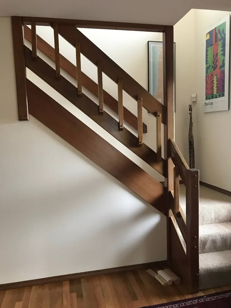 Before - Midcentury - Staircase - Portland - by Portland Stair Company Stairs Mid Century Modern, 70s Stair Railing, Walnut Stair Railing, 60s Staircase, Mcm Stair Railing, Midcentury Stairs, 1970s Staircase, Wood Bannister, Mid Century Stair Railing