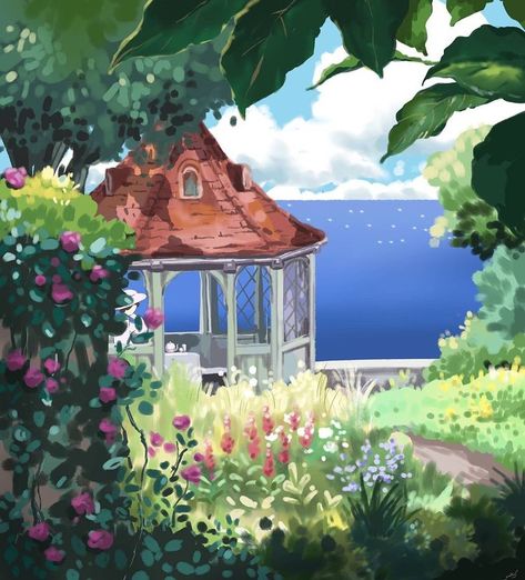 Gazebo view | Studio Ghibli | art by @yukan.art Studio Ghibli Garden, Ghibli View, Gazebo Drawing, Ghibli Garden, Red Studio, City Layout, Mural Ideas, Studio Ghibli Art, Ghibli Art