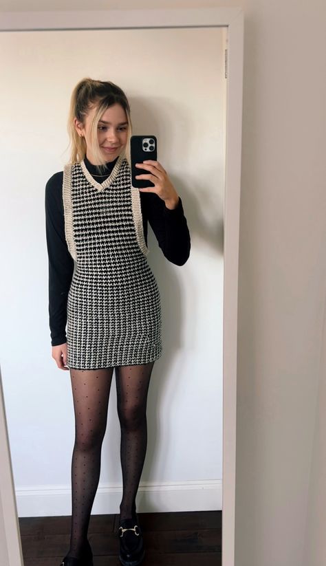 Ready for fall 🧡✨ This houndstooth crochet dress I made is serving old money vibes with these loafers! Crochet Houndstooth Skirt, Professional Crochet Outfits, Crochet Work Outfit, Crochet Office Wear, Crochet Business Casual, Old Money Crochet, Houndstooth Crochet, Working Hands, Houndstooth Skirt