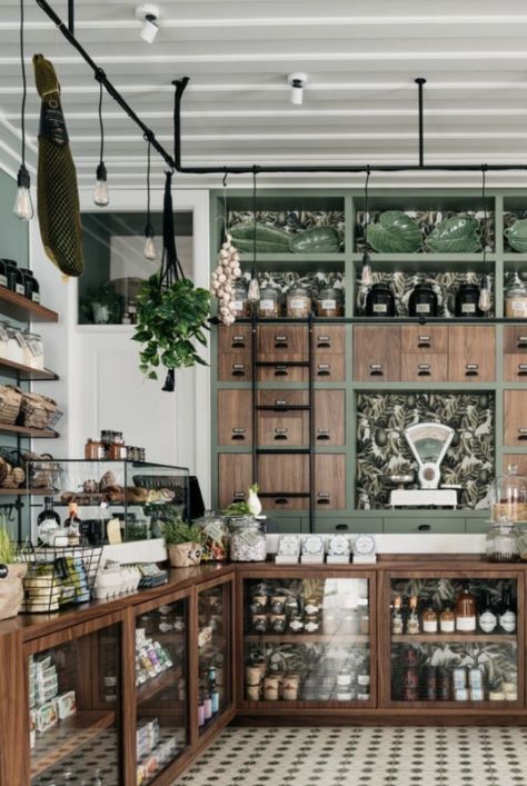 General Store Interior Design, Apothecary Merchandising, Modern Apothecary Design, Modern Apothecary Aesthetic, Apothecary Office, Antique Shop Aesthetic, Green Apothecary, Apothecary Aesthetic, Apothecary Store