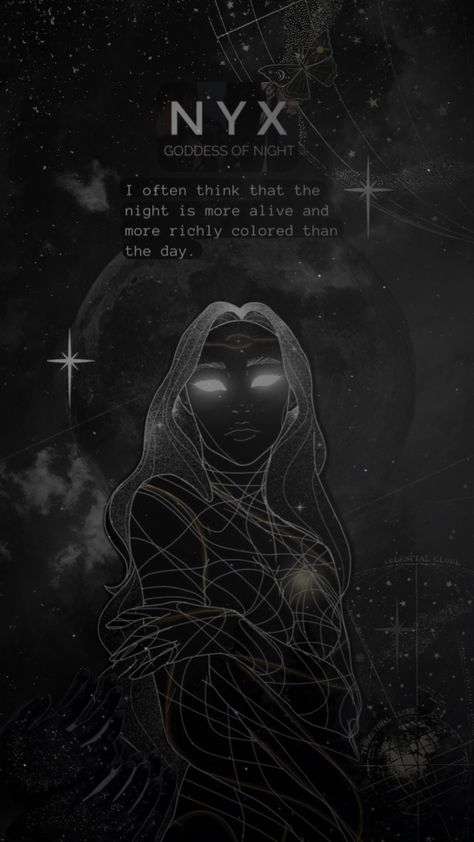 #nyxgoddessofthenight #greekmythology #greekgoddess Nyx Goddess Art Greek Mythology, Nyx Cabin, Nyx Goddess Of Night, Greek God Wallpaper Aesthetic, Nyx Aesthetic, Baltic Mythology, Dark Goddesses, Nyx Goddess, Goddess Of Night