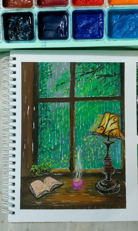 Rain on window. Gouache on paper. #myart #rain #art #painting #gouache #illustration #paint #fypシ゚ Painting Rain On Window, Rain Scenery Painting, Rain Aesthetic Drawing, Art With Gouache, Rainy Season Pictures, Rain On Window, Rainy Day Drawing, Aesthetic Rain, Rainy Window