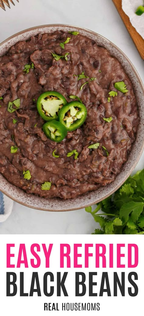 Smokey, creamy Refried Black Beans are the perfect side dish to enjoy with all your Mexican-inspired meals, and are ready in only 30 minutes! #Realhousemoms #refriedbeans #blackbeans #mexicansidedish #sidedish #musthave #cincodemayo #beandip #beans Black Bean Refried Beans, Refried Black Beans, Make Refried Beans, Mexican Black Beans, Refried Beans Recipe, Mexican Side Dishes, Black Bean Recipes, How To Cook Beans, Cooking Black Beans