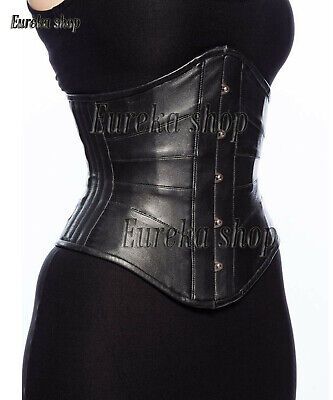 Heavy Duty, Very Strong Fully Steel Boned Corset. Total 8 Steel Boned. Corset Style Under Bust Corset. Corset Features. The Corset can draw in your waist and flatten your tummy. 10 Spiral / Flexible Steel Bones around the corset. Black Leather Underbust Corset, Medical Corset, European Gothic, Bizarre Fashion, John Currin, Witches Ball, Corset Sewing, Bow Drawing, Black Leather Corset