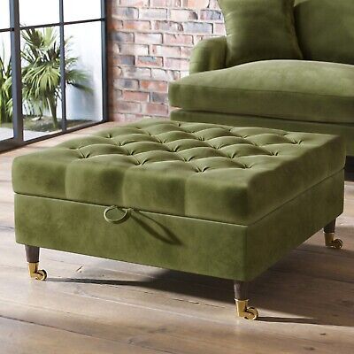 Olive Green Velvet Buttoned Ottoman Storage Footstool - Payton PAY043 | eBay Green Chesterfield, Footstool With Storage, Mid Sleeper Bed, Olive Green Velvet, Velvet Footstool, Green Velvet Fabric, Upholstered Footstool, Storage Footstool, Orange Velvet