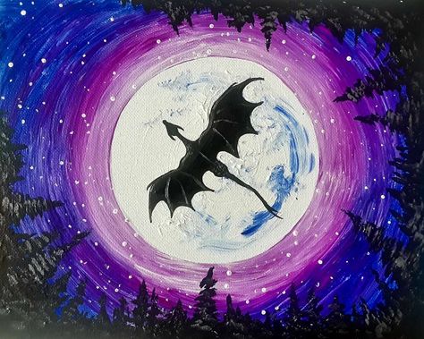 Gazing up at the night sky, a dragon takes flight in the night, over a sky of stars and a shining moon.  Enjoy a fun afternoon of painting on our patio with your family and friends, limited seating! Painting will be done on a 9" x 12" canvas. Moon Painting, Canvas Painting Designs, Canvas Painting Diy, Fantasy Paintings, Small Canvas Art, Paint And Sip, Night Painting, Camping Art, Diy Canvas Art Painting