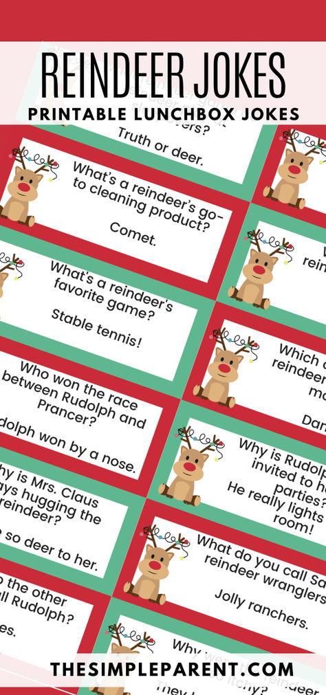 Check out these 40+ reindeer jokes perfect for kids. These jokes are the perfect way to add a little laughter to the holiday season. Enjoy these free printable jokes that make great lunchbox surprises for your little ones. All these jokes are family-friendly, ensuring everyone can enjoy them. Keep your kids entertained and spread some cheer with these fun and festive reindeer jokes! Cracker Jokes Free Printable, Free Printable Christmas Jokes For Kids, Christmas Lunchbox Jokes For Kids, Christmas Lunchbox Jokes Printable, Christmas Jokes For Kids Printable, Holiday Jokes For Kids, Reindeer Party Ideas, Reindeer Quotes, Reindeer Jokes