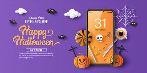 Halloween sale promotion banner with a d... | Premium Vector #Freepik #vector #halloween Halloween Promotion, 2d Game Background, Halloween Promotions, Halloween Social, Night Sky Painting, Halloween Templates, Holiday Banner, Happy October, October Halloween