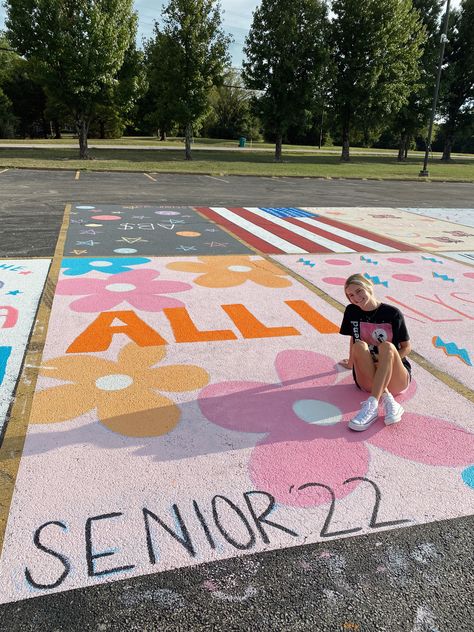 Decorating Parking Spots Chalk, Senior Parking Spot Inspiration, Colorful Parking Spots, Senior Lot Painting, Senior Parking Spots Butterfly, Cheer Parking Spot Painting, Parking Lot Party Ideas, Parking Spot Chalk High School, Chalking Senior Parking Spots