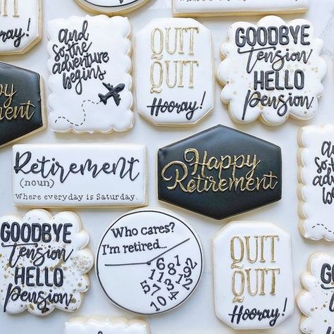 Retirement Cookies Decorated For Woman, Retirement Decorated Cookies, Retirement Cookies Decorated, Retirement Sugar Cookies, Work Retirement Party Ideas, Retirement Cookies, Happy Retirement Decorations, Houston Foodie, Houston Eats