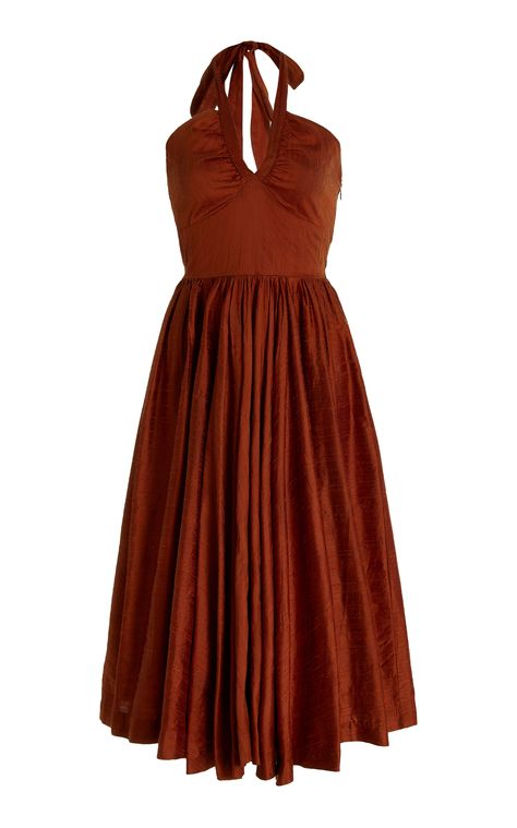 A classic cocktail dress in a radiant Brown hue. Material | Silk Dupioni. Dry Clean only Made in Los Angeles Items are made to order.  Please allow 4-8 weeks for items to ship. Item shown is Size 2 Model is 5'9 Styles that are available for “Pre-Order” will be charged at check out and fulfilled within the disclosed shi Classic Cocktail Dress, Full Skirt Dress, Effortlessly Chic Outfits, Grad Dresses, Silk Midi Dress, Virtual Closet, Brown Dress, Dream Dress, Moda Operandi