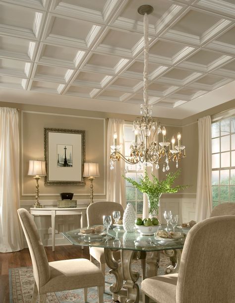 Dining Room: I'd love this exact cream/tan & white color scheme for our dining room walls. I also love the half up wainscoting. Plastic Ceiling Panels, Kitchen Open Concept, Plastic Ceiling, Drop Ceiling Tiles, Armstrong Ceiling, Interior Vintage, Ceiling Treatments, Dropped Ceiling, Elegant Dining Room