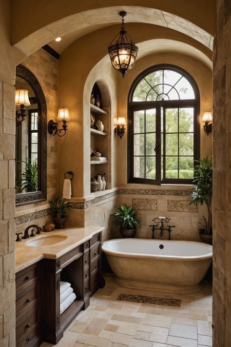 Italian Bathroom Tuscan Style, Mediterranean Style Bathroom, Luxury Mediterranean Homes, Tuscan Bathroom, Mediterranean Bathroom, Condo Bathroom, Mediterranean Interior Design, Italian Bathroom, Tuscan Style Homes