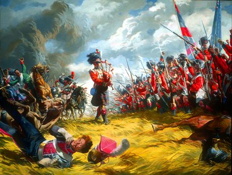 British Highlanders in defensive square formation against charging French cavalry at the Battle of Waterloo- by John Pomeroy John Pomeroy, Battle Of Borodino, Scottish Army, Marine Commandos, Waterloo 1815, British Uniforms, Ancient Indian Architecture, Battle Of Waterloo, History Painting