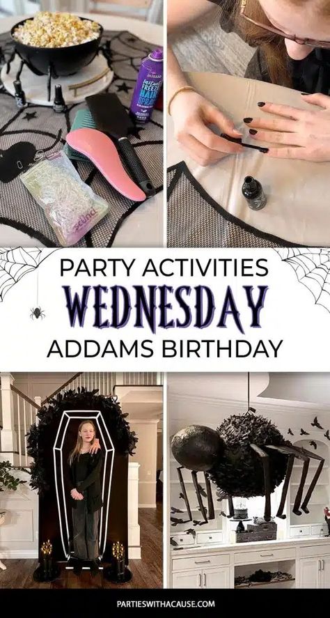 Wednesday Addams Party Games and Spooky Activity Ideas - Parties With A Cause Wednesday Birthday Party Ideas Diy, Addams Family Party Games, Wednesday Party Games, Wednesday Addams Party Food, Wednesday Addams Birthday Party Decorations, Wednesday Birthday Party Ideas, Addams Family Party Ideas, Wednesday Birthday Party Theme, Wednesday Addams Birthday Party Ideas