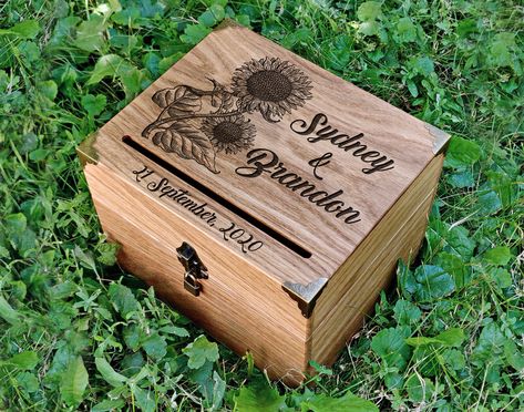 "Thank you for choosing WeddingWoodenInvite! This listing is for a Rustic wedding card box. Please read the details below. Our customized card box is made from oak wood with metal accents, and laser engraved with your personalized design to make it as unique as you are. Engraving text/rustic design can be changed by request, we love custom orders! The size of the box is 9.45\" x 7.87\" x 7.68\" (24cm x 20cm x 19.5cm) A slot is cut at the top for cards to be dropped inside. There is a lock on the Wedding Advice Box, Wedding Envelope Box, Wood Card Box, Rustic Card Box, Graduation Card Boxes, Disney Box, Rustic Card Box Wedding, Wooden Card Box, Wedding Post Box