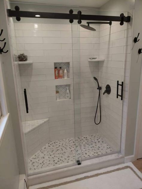 Corner Seat Shower Ideas, Walk In Shower With Corner Seat, Small Tiled Walk In Shower Ideas, Walk In Shower With Shelves, Walk In Shower With Corner Bench, Corner Shelves In Shower Built Ins, Corner Seat In Shower Ideas, Walk In Shower With Sliding Door, Walk In Shower Small Bathroom With Seat