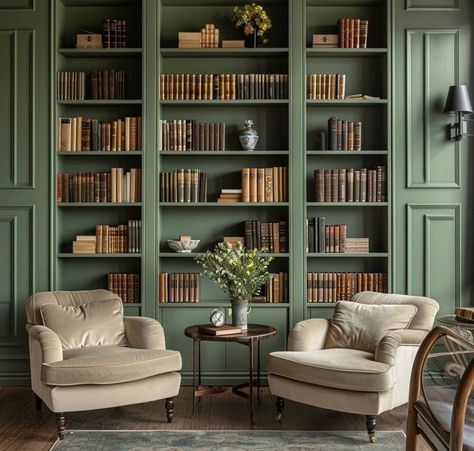 Green Bookcases Living Room, Olive Green Home Library, Green Leather Chair Living Room, Green Office Bookshelves, Olive Green Library, Forest Green Library, Green Built In Bookshelves, Sage Green Bookshelf, Georgian Office