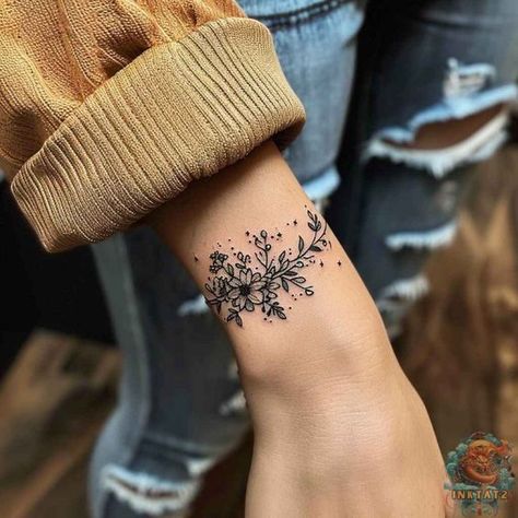 Womens Delicate Sleeve Tattoo, Flower Inner Wrist Tattoo, Nature Loving Tattoos, Sunflower Wrist Tattoo Bracelet, Wristlet Tattoos For Women, Daisy Wrist Tattoos For Women, Floral Tattoo Bracelet, Daisy Hand Tattoo, Feminine Nature Tattoo