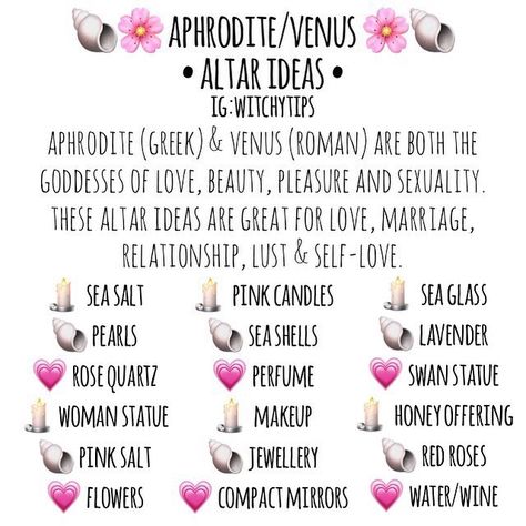 Tips for Witches Everywhere! ✨ on Instagram: “A list of items & offerings to include on an  Aphrodite / Venus inspired love altar! 🐚🌹🕯” Love Altar, Goddess Magick, Aphrodite Aesthetic, Aphrodite Goddess, Wiccan Magic, Witch Spirituality, Witches Altar, Witchcraft Spell Books, Greek Gods And Goddesses