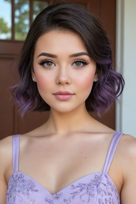 Bridal Makeup Lavender, Makeup For Lilac Dress Bridesmaid, Makeup With Lilac Outfit, Light Lavender Makeup, Makeup With Purple Outfit, Makeup With Lavender Dress, Makeup Look For Purple Dress, Lavender Wedding Makeup, Purple Soft Glam Makeup