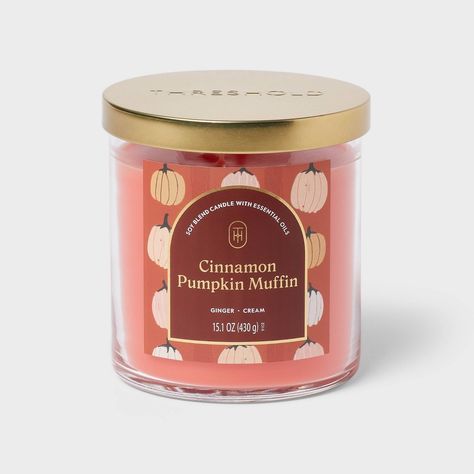 Lift your spirits with the refreshing, pleasant fragrance of the 2-Wick 15.1oz Lidded Glass Cinnamon Pumpkin Muffin Jar Candle by Threshold™. This candle infuses your home with cinnamon and pumpkin scents that creates an inviting ambience you’re sure to appreciate. While the gentle light flickers and sends shadows across the walls, the glass exterior and shiny metal lid add to the overall vibe. Easy to display on a mantel or a side table, this Threshold™ Cinnamon Pumpkin Muffin Jar Candle is a m November Decor, Muffin Candle, Candle Tags, Target Fall, Cinnamon Pumpkin, Cinnamon Candle, Candle Obsession, Target Halloween, Trendy Water Bottles